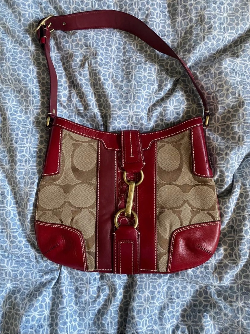 Coach Red Leather-Trim Signature Canvas Shoulder Bag